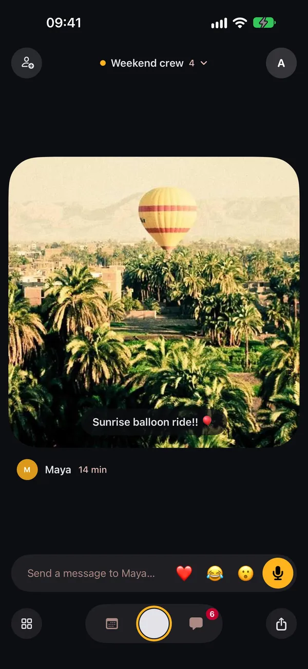 A moment in the Weekend crew Loop: Maya’s hot-air balloon photo with the caption “Sunrise balloon ride!!”, emoji reactions and a microphone button for a voice reply.