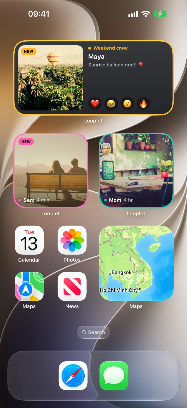 An iPhone Home Screen with three Looplet widgets: Maya's balloon ride in the Weekend crew Loop, Sam in the Us two Loop, and Mom in the Family Loop, each framed in its Loop's color.