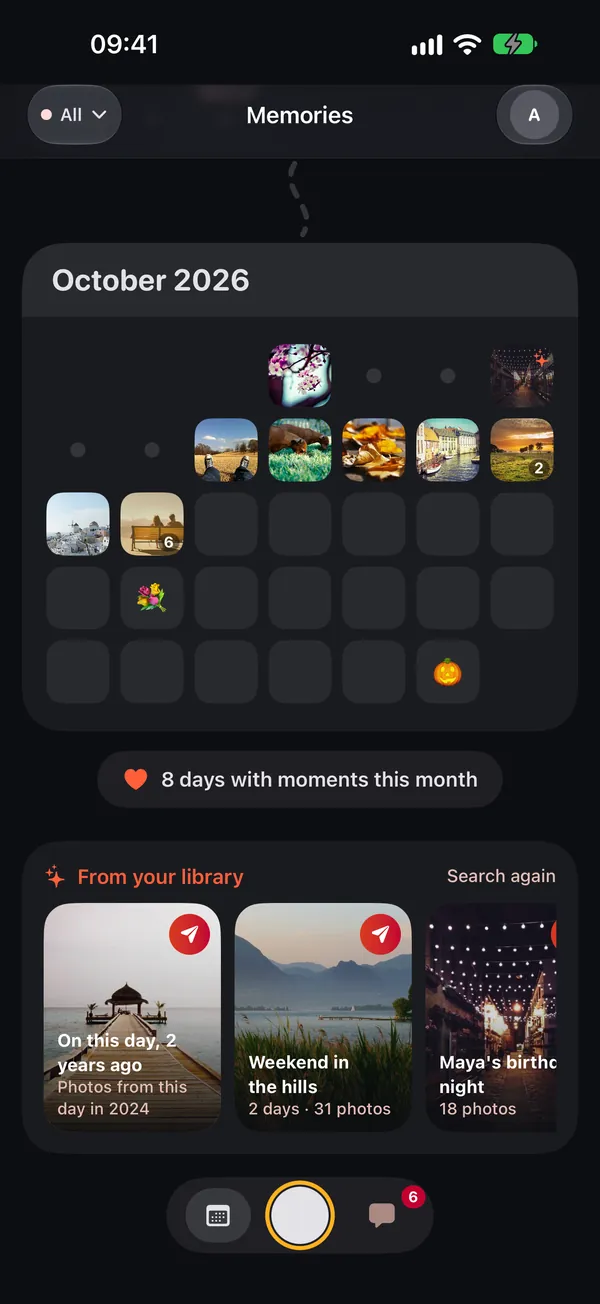 The Memories screen: an October 2026 calendar filled with photo thumbnails and suggestions from the photo library such as “On this day, 2 years ago”.