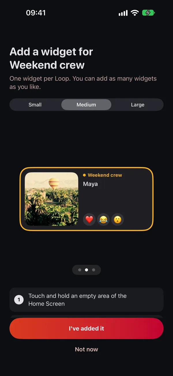 Looplet’s “Add a widget for Weekend crew” screen, previewing a medium widget with Maya’s latest photo and emoji reactions.
