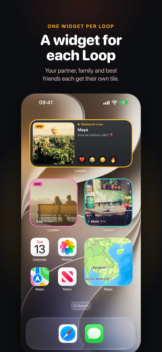 A widget for each Loop: an iPhone Home Screen with separate Looplet widgets for Weekend crew, Sam and Mom.