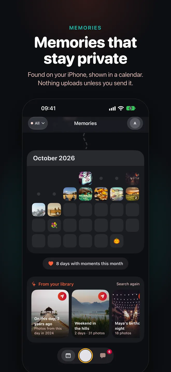 Memories that stay private: a calendar of moments found on your iPhone.